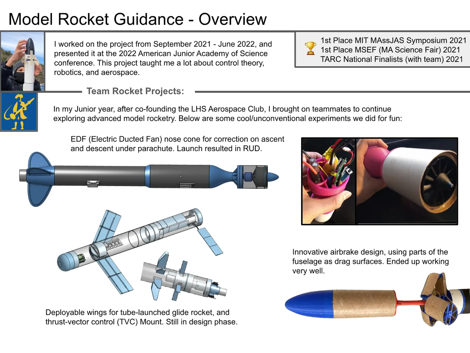 Project overview and team rocket experiments: EDF nose cone, deployable-wing glide rocket with TVC mount, and a fuselage airbrake.